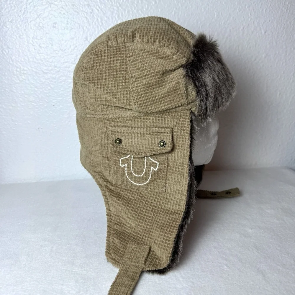 True Religion Men's Trapper Hat Cap Brown Tan One Size Faux Fur Lined Winter